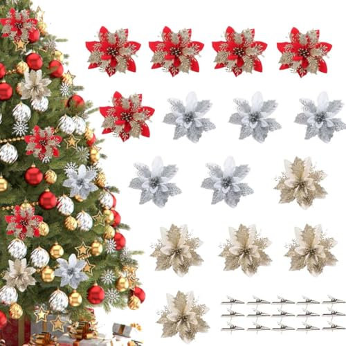 15 Pièces Fleurs Sapin de Noel, Fleurs de Poinsettia Glitter de Noël équipé d'un Clip, Decoration de Noel Sapin Fleur, pour la Décoration de Noël, Mariage, Fête
