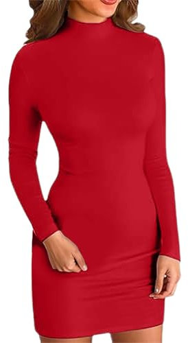 Foweknow Robe d'hiver moulante pour femme - Col roulé - Manches longues - Mini robe côtelée basique - Couleur unie - Automne - Coupe droite - Robe décontractée - Jupe hanche - Pour fête, club, RD1, L
