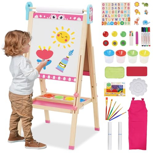 Kids Wooden Easel Double Sided Art Easel with 100+ Pcs Accessories Whiteboard Chalkboard Height Adjustable 95-125cm(37-48.5in) Standing Foldable Drawing Board with Letters Numbers for Toddlers Kids