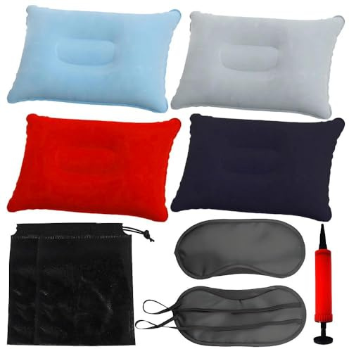 Lot de 4 coussins gonflables - 34 x 22 cm - Avec pompe à air - Pour l'extérieur, la tente et la maison - Léger et compact - Appuie-nuque pour camping, avion et bureau - Avec 1 sac de rangement