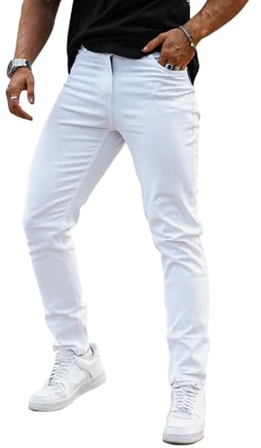 GINGTTO Jeans Homme Slim FIt Blanc Stretch Pantalon Tapered Denim Élastique Skinny 28Wx30L