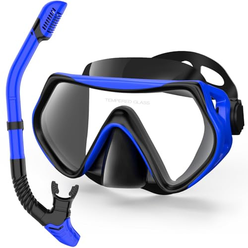 LITTLEJSY Juego de esnórquel para adultos, con gafas antivaho y tubo seco, máscara de buceo profesional, máscara de buceo de cristal templado para esnórquel (azul)