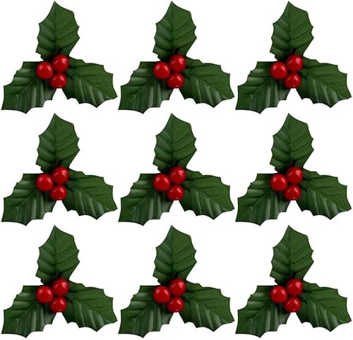 Txuolin 20 Pcs Red and Green Christmas Holly Berries Faux Berry Flowers with Leaves Xmas Berry Picks Decoration,Beautiful Christmas Wreath Branches,Christma Vase Fillers,Artificial Plants and Flowers