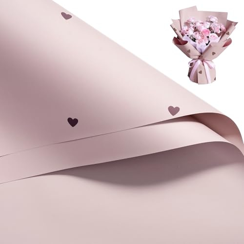 RUSPEPA 20 Fogli Di Carta Da Regalo Per Fiori - 57X57 Cm Carta Da Regalo Per Bouquet Floreali Impermeabile Con Motivo A Cuore Rosa Viola, Confezione Per Fioristi Per San Valentino E Matrimonio