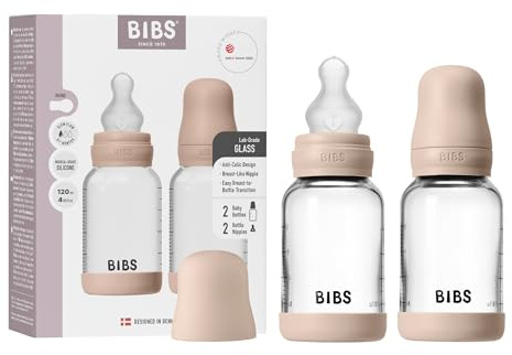 BIBS Baby Glass Bottle. Lot de 2. Anti-colique. Embout rond en Silicone. Favorise l’allaitement naturel, Complete Set - 120 ml (Pack of 2), Blush