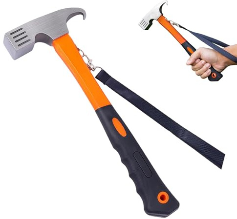 Camping Hammer with Tent Stake Remove - 32cm Outdoor Multifunction Camping Heavy Duty Carbon Steel Mallet Rubber Covered Handle with Holding Strap, Hook Angle Design for Picnic Tent, Hiking (Orange)