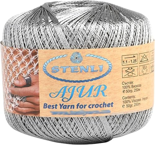 Stenli Hilo de Viscosa Efecto Seda (250m/50g) - Color Gris Plata - Grosor 1mm para Ganchillo y Bordado - Rayón Brillante para Crochet, Joyería Tejida y Encaje de Bolillos