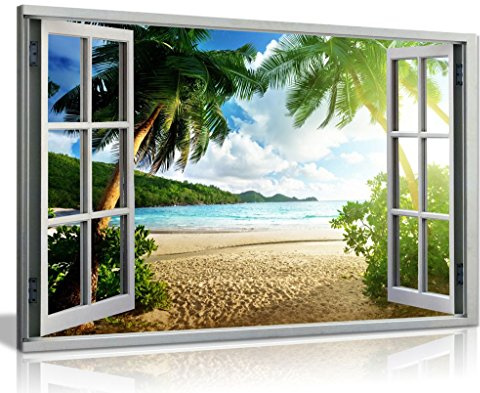 Beach Sunset View 3D Window Effect Canvas Wall Art Picture Print (24X16), Bedroom