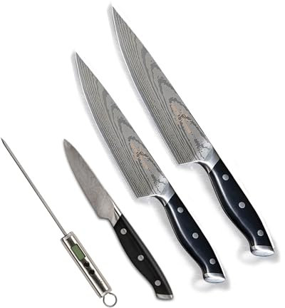 Trusted Butcher Messer Set - 4tlg. Profi Kochmesser Set mit Bratenthermometer - ultrascharfe Küchenmesser in Metzger-Qualität aus Edelstahl - Kochmesser & Gemüsemesser für präzises Schneiden