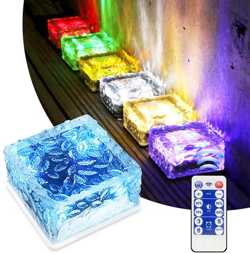 MEDOYOH Set di 1 pietre solari per pavimentazione con telecomando a 12 pulsanti, 10 x 10 x 5 cm, sensore di luce colorata, illuminazione per vialetti, impermeabili, per patio, giardino, cortile,