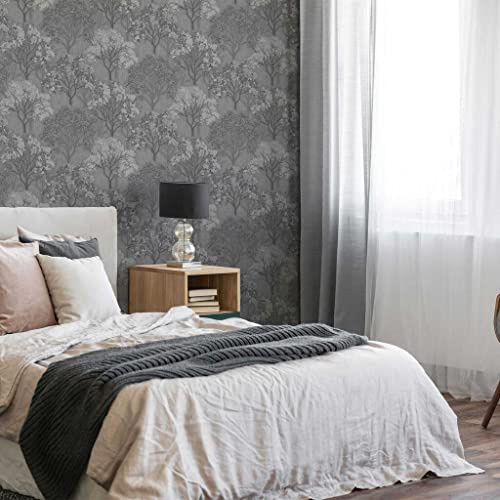 Sublime Mid Grey/Silver Woodland Silhouette Wallpaper - Paste The Wall - Grey/Silver Wallpaper - Wood Effect Metallic Silver Leaves Autumnal Trees Design - Feature or 4 Wall Design