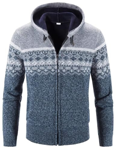 Herren Hoodie Mit-Kapuzen Strick-Sweatshirt Jacke-Cardigan - Pulliover Freizeit-Mode Herbst-Winter Fleece-Futter Warme Bequeme Outdoor Männer Kapuzen-Pulli-Strickmuster-Jacke Hoodie Hellgrau L