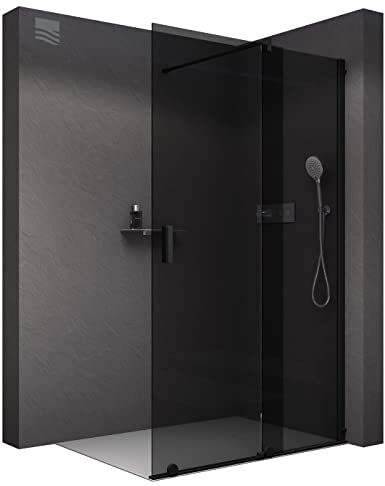 BERNSTEIN - Paroi de douche en niche noire mat 195x140cm verre fumé 8mm Vitre de douche porte coulissante - NT101