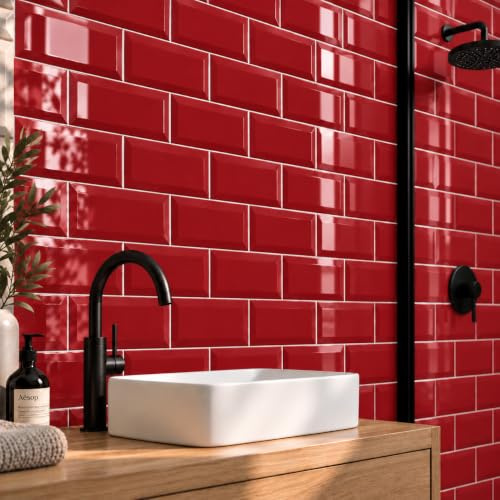Metro Red Ceramic Wall Bathroom Tile Subway Brick Effect 100mm x 200mm Bevelled Edge Kitchen Tiles Gloss Finish 1m2 Box of 50