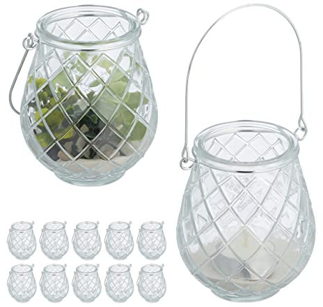Relaxdays Windlicht, 12er Set, Glas, mit Henkel, HxD: 10 x 8,5 cm, innen & außen, Teelichthalter, transparent/Silber