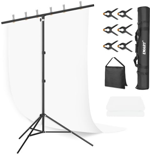 EMART Fond Blanc avec Support, Fond en T 2 X 2 M avec Support, Toile De Fond Blanche 1,5 X 2 M Et 6 Pinces À Ressort pour Studio Photo, Vidéo