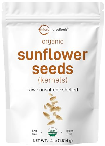 Organic Sunflower Seeds, 4lbs | Raw, Unsalted, & Shelled – Whole Kernels | Low Carb Snack | Great for Baking, Smoothies, & Salad Toppings | Non-GMO, Vegan, Plant Based