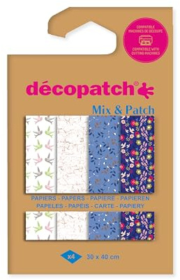 Décopatch DP031C - Une Pochette de 4 Feuilles Décopatch - Dimensions : 30 x 40 cm - Papiers imprimé, Nuances de bleu - Mix & Patch - A partir de 5 ans, DIY, création, rénovation, activité créative