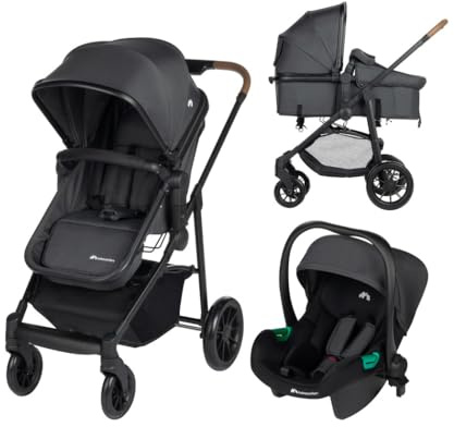 Bebeconfort Haze Trio, Kinderwagen 3-in-1 Komplettset, 0–4 Jahre, max. 22 kg, 2-in-1-Sitzeinheit, wendbarer und leichter Baby-Kinderwagen,i-Size-Babyschale, kompakt zusammenklappbar,Mineral Graphite