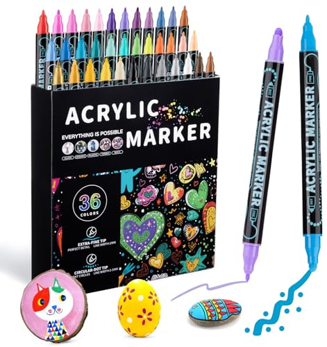 Mzh Art Lot de 36 marqueurs de peinture acrylique à double pointe - Marqueurs acryliques de qualité supérieure pour bois, peinture sur roche, verre, toile, pierre, loisirs créatifs