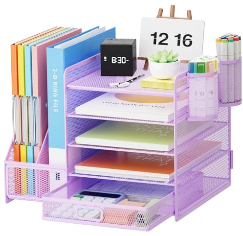 Marbrasse Desk Organiser File Holder,5-Tier Paper Letter Tray Organiser with Drawer,2 Pen Holder,Mesh Desktop Storage with Magazine Holder for Office Supplies(Purple)