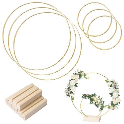 Centrotavola a Cerchio Floreale in Metallo con 3 Base in Legno, 3 Pezzi 10cm + 3 Pezzi 20cm Cerchio Metallo, Oro Cerchi per Bomboniere, Anello in Metallo Dorato per Ghirlande da Tavolo di Nozze