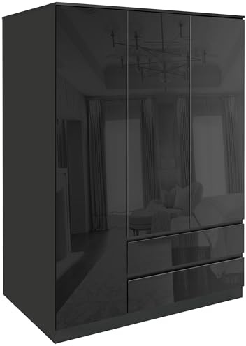 Blisswood High Gloss 3 Door Wardrobe with 2 Drawer Storage & Hanging Rails - Engineered Wood Wardrobe for Bedroom Organiser with Shelves - Glossy Cabinet - Large Cupboard - Bedroom Furniture (Black)