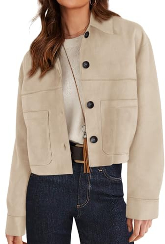 PRETTYGARDEN Women's Faux Suede Cropped Jacket Casual Lightweight Fall Fashion 2026 Winter Coats Outerwear Trendy Clothes (Beige,Large)