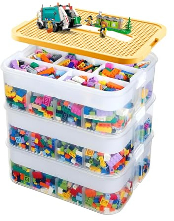 Trintion Aufbewahrungsboxen für Lego, 3-stöckige große stapelbare Aufbewahrungsbox mit Deckeln und verstellbaren Fächern, Lego-Organizer für Bausteine, Ziegel, Puzzle-Board-Organizer (Gelb)
