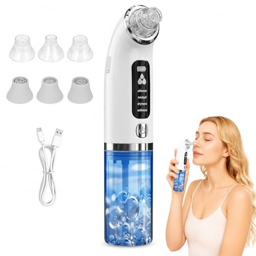 Pulitore per i punti neri con serbatoio d'acqua visibile, 75 kPa forte assorbenza, 4 modalità e 6 accessori per la pulizia del viso, acne e punti neri, rimozione dei punti neri