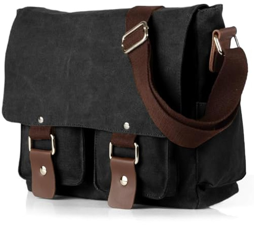 flintronic Canvas Messenger Bag, Men's Cross Body, 14 inch Laptop Bag, Vintage Satchel Briefcase, with Multiple Pockets, for School Travel Outdoor Work Daily Use