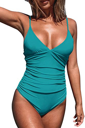CUPSHE Women's One Piece Swimsuit Triangle Low Back Beach Swimwear Tummy Control Bathing Suit Swimming Costume Teal M