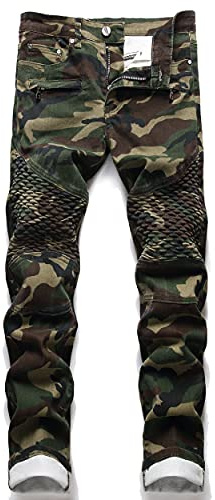 AITITIA Men's Regular Fit Biker Jeans (1544 Camo, 32)