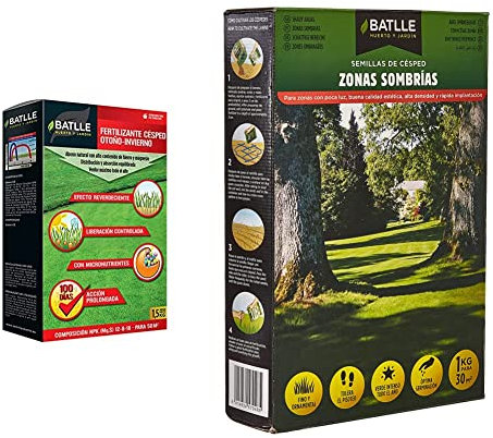 Abonos Fertilizante Césped Profesional Otoño-Invierno Caja 1,5 Kg. Batlle + Semillas de Césped Césped Zonas Sombrías 1Kg Batlle