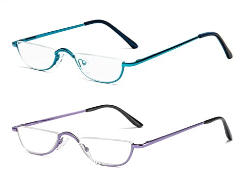 KoKoBin Gafas de lectura de medio marco, bisagras de resorte para hombres y mujeres, lectores de lentes de media luna, lentes de metal sin montura, Azul Púrpura, 2