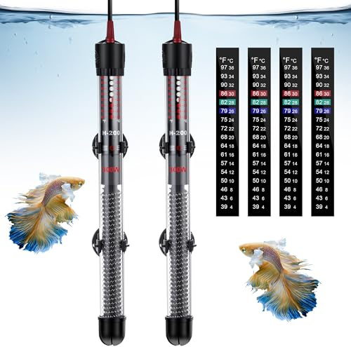 Dreyoo 2 Set 300W Submersible Aquarium Heater, Adjustable Aquarium Fish Tank Heater with 4 Thermometers Stickers and Suckers, Adjustable Knob Thermostat for Marine Saltwater and Freshwater