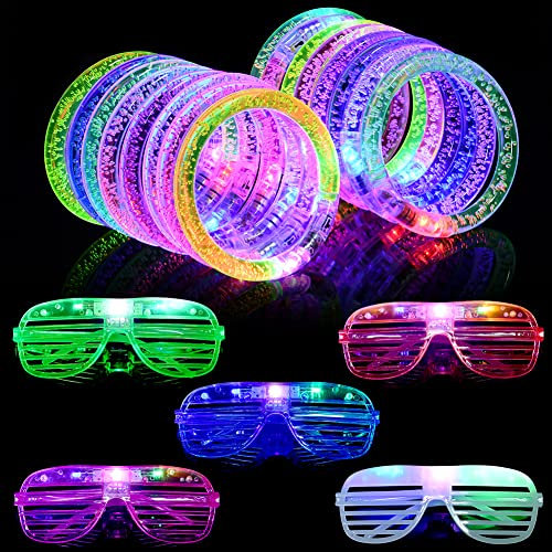 AUAUY 15PCS Jouets Lumineux Coloré Clignotant Jouet pour Fête Anniversaire, Bracelets LED avec Lunettes Lumineuses LED, pour Enfants et Adultes, Thanksgiving, Noël, Anniversaire