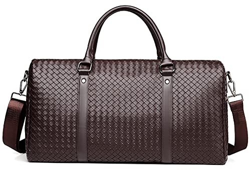 Leather Travel Duffle Bag for Men, Woven Carry On Weekender Overnight Bags for Business Sports Gym Brown