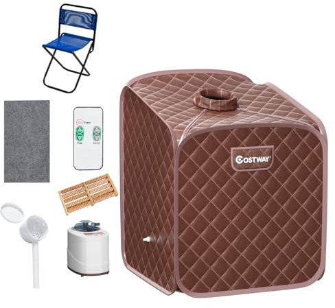 COSTWAY Sauna a Vapore Portatile con Telecomando, Cabina Sauna a Vapore Pieghevole con Sedia e 9 Livelli di Temperatura, Telaio in metallo (Caffè)