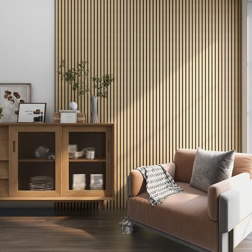 NEU.HOLZ Akustik Wandpaneele Vang 8er Set Wandverkleidung zum Kleben und Schrauben 5,76 m² Holzfurnier 3D Paneele Lamellen in Eichenoptik, hell