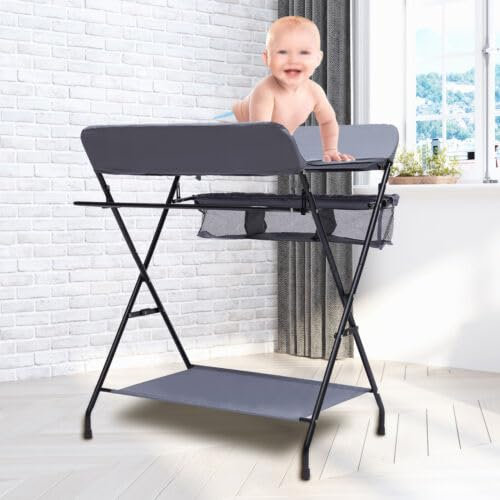 WEIGR Baby Wickeltisch Changing Table, Kinder Mobiler Wickeltisch klappbarer mit herausnehmbarer Trennwand, ausgestattet, Wickelauflage, Sicherheitsgurt (Mit Fußstütze)
