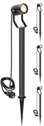 ledscom.de 4 focos de jardín SHINGA con pincho de suelo y base de 40 cm para exteriores, IP65, enchufe, negro, incl. lámpara LED GU10 1103lm, blanco cálido