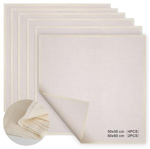 6 Pièces Étamine Alimentaire Filtrant Tissu en Coton Non Blanchi Mousseline, 4 Pièces (50x50cm) + 2 Pièces (60x60cm), Lavable Réutilisable Grade 100 pour Filtrer Vin Tofu Fromage