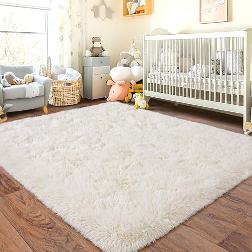 Chicnix Hochflor Flauschig Teppich Schlafzimmer 120x160 cm Creme, Wohnzimmerteppich Weich Bettvorleger, rutschfest Teppich Shaggy für Wohnzimmer Kinderzimmer
