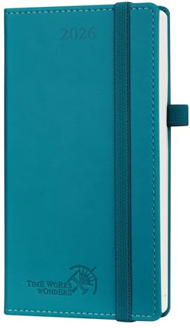 POPRUN Kalender 2026 Liten 16,5 x 9 cm, Inbunden Omslag i Veganskt Läder, Planner 2026 Fickformat, Tjockt Papper på 80 GSM, Stillahavsgrön