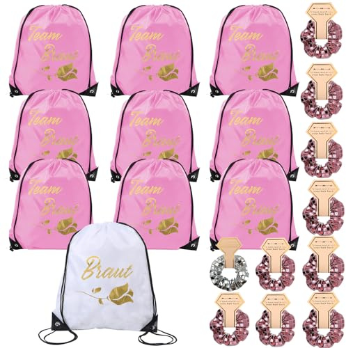 20 stycken JGA partytillbehör, team bride gymväska med dragsko, brudväska set med hårsnoddar, team bride ryggsäcksset, brudfest gåvor för förlovning JGA bröllop, rosa