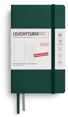 LEUCHTTURM1917 372668 veckokalender och anteckningsbok ficka (A6) 2026, Forest Green, engelska