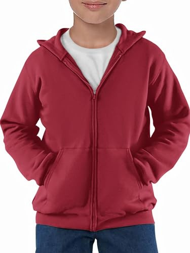 Haloumoning Sweat à capuche à manches longues zippé pour garçon Veste à capuche de sport unie Sweat à capuche décontracté basique avec fermeture éclair, rouge de vineux, 11-12 ans