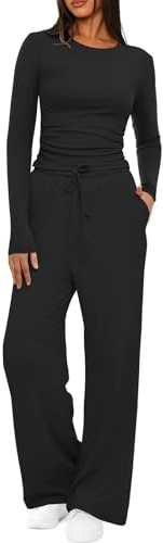 Rayson Tuta da Donna Curvy 2 Pezzi Completo Sportivo Manica Lunga Set Maglia e Pantaloni con Tasche e Coulisse Invernale Felpa Donna per Casa Fitness(Nero, S)