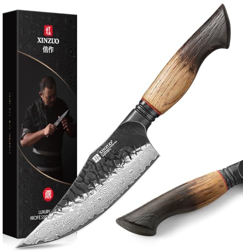 XINZUO 15cm Cuchillo Vikingo de Cocina 67 Capas de Acero de Damasco -Forjado a Mano Afilado Cuchillo de Cocinero de Deshuesar Chef para el Hogar, Cocina al Aire Libre, Camping -Mango de Roble Blanco
